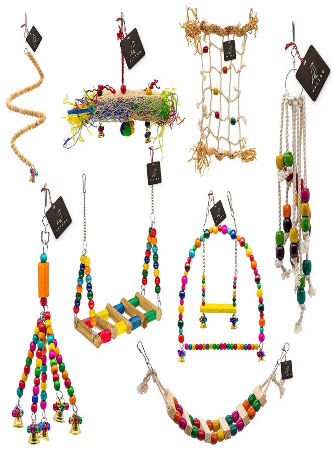 PETZOO Bundle of 8 Birds Toys Climbing Net, Paper Shredded Foraging Chew, Swings, Ring Perches & Hangings - Image 1